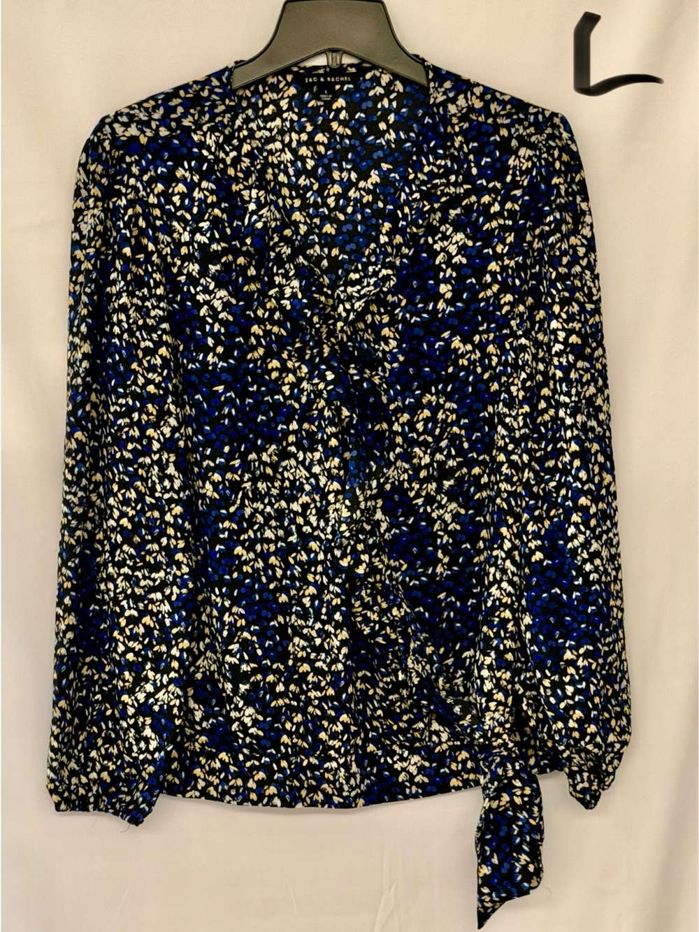 Zac & Rachel Black, Blue and White Abstract Tie-Hem V-Neck Blouse